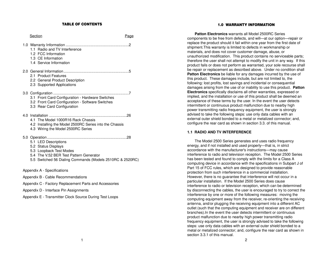 Patton electronic 2510RC, 2520RC, 2500RC user manual Radio and TV Interference 