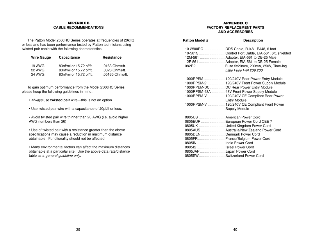 Patton electronic 2520RC Cable Recommendations, Wire Gauge Capacitance Resistance, Patton Model # Description, 1000RPEM-DC 
