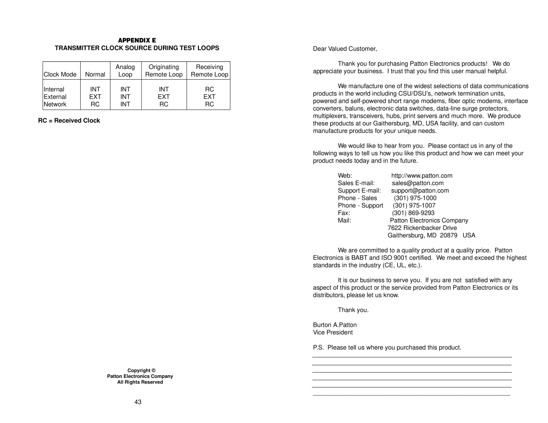 Patton electronic 2510RC, 2520RC, 2500RC Transmitter Clock Source During Test Loops, Ext Int, RC = Received Clock 