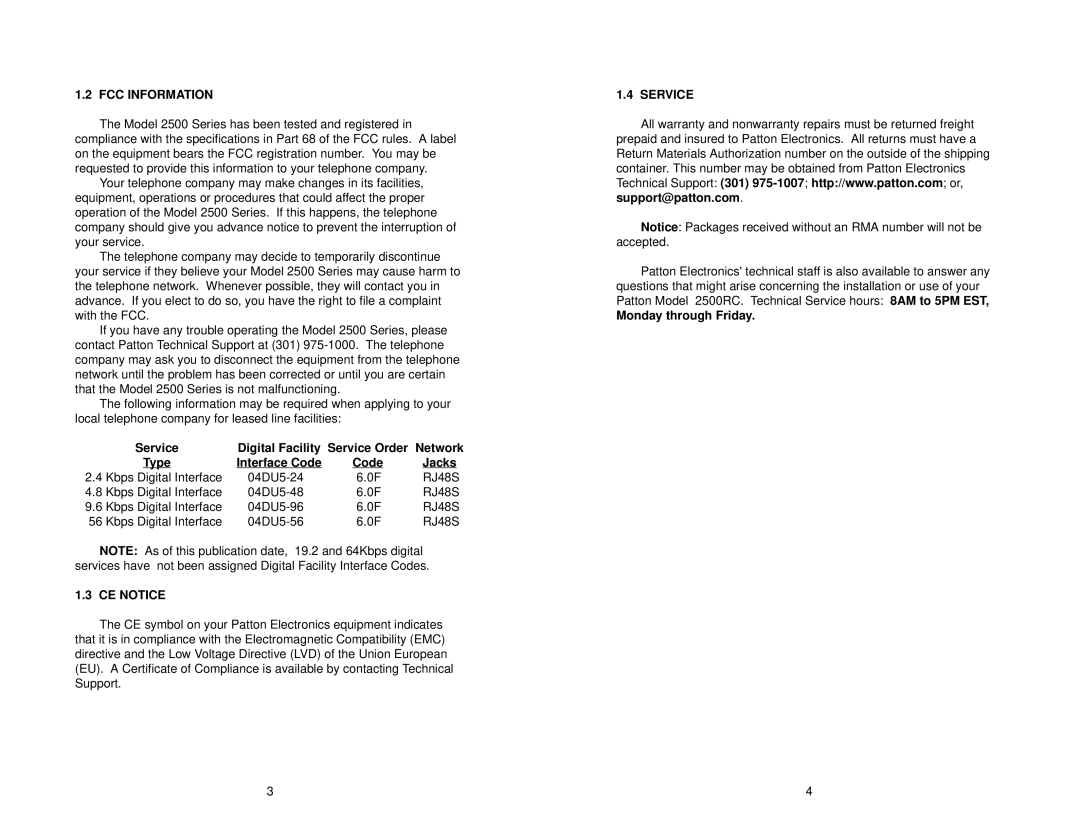 Patton electronic 2520RC, 2500RC, 2510RC user manual FCC Information, CE Notice, Service, Monday through Friday 
