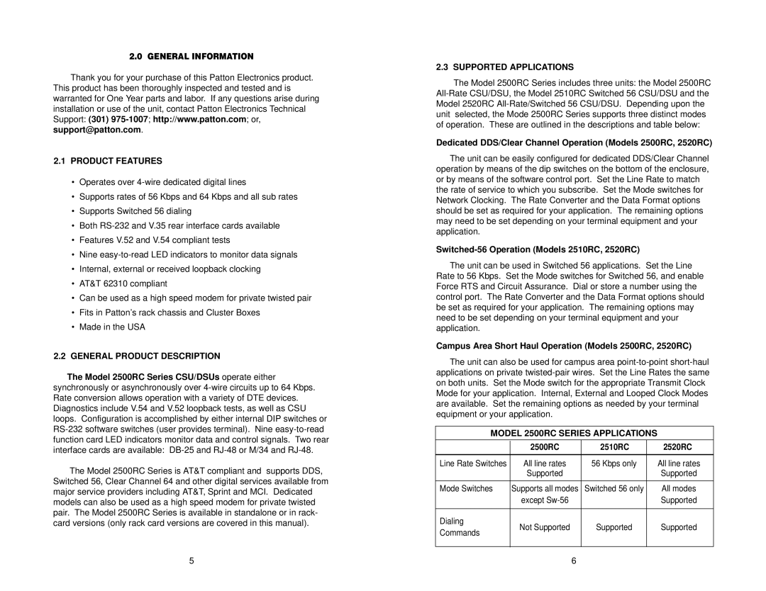 Patton electronic 2500RC, 2520RC, 2510RC user manual Product Features, General Product Description, Supported Applications 