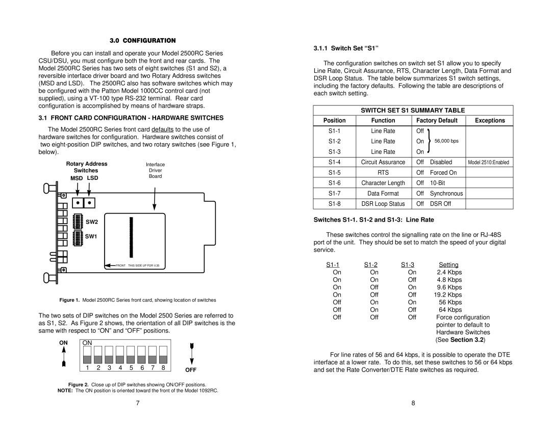 Patton electronic 2510RC, 2520RC Front Card Configuration Hardware Switches, Switch Set S1, Switch SET S1 Summary Table 