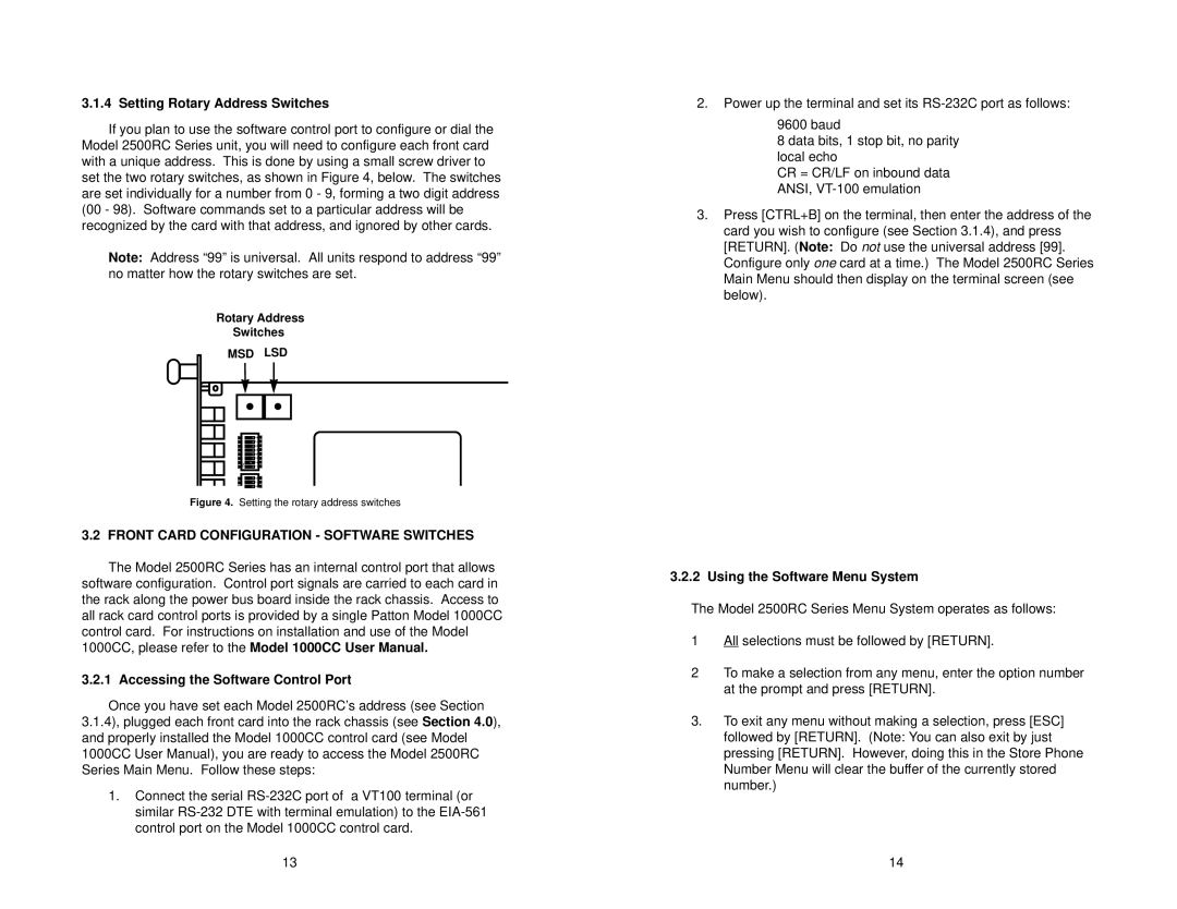 Patton electronic 2510RC, 2520RC, 2500RC Setting Rotary Address Switches, Front Card Configuration Software Switches 