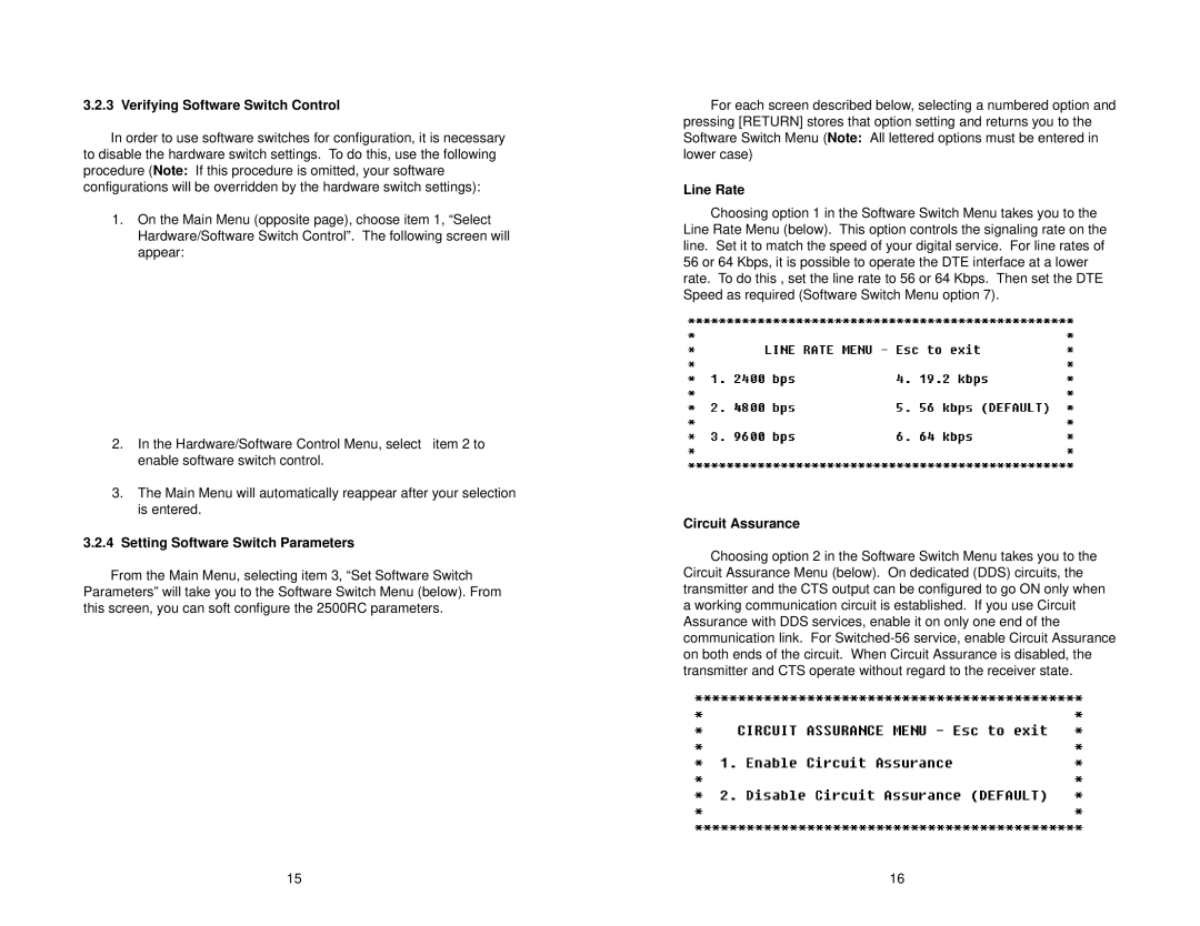 Patton electronic 2520RC, 2500RC, 2510RC Verifying Software Switch Control, Setting Software Switch Parameters, Line Rate 