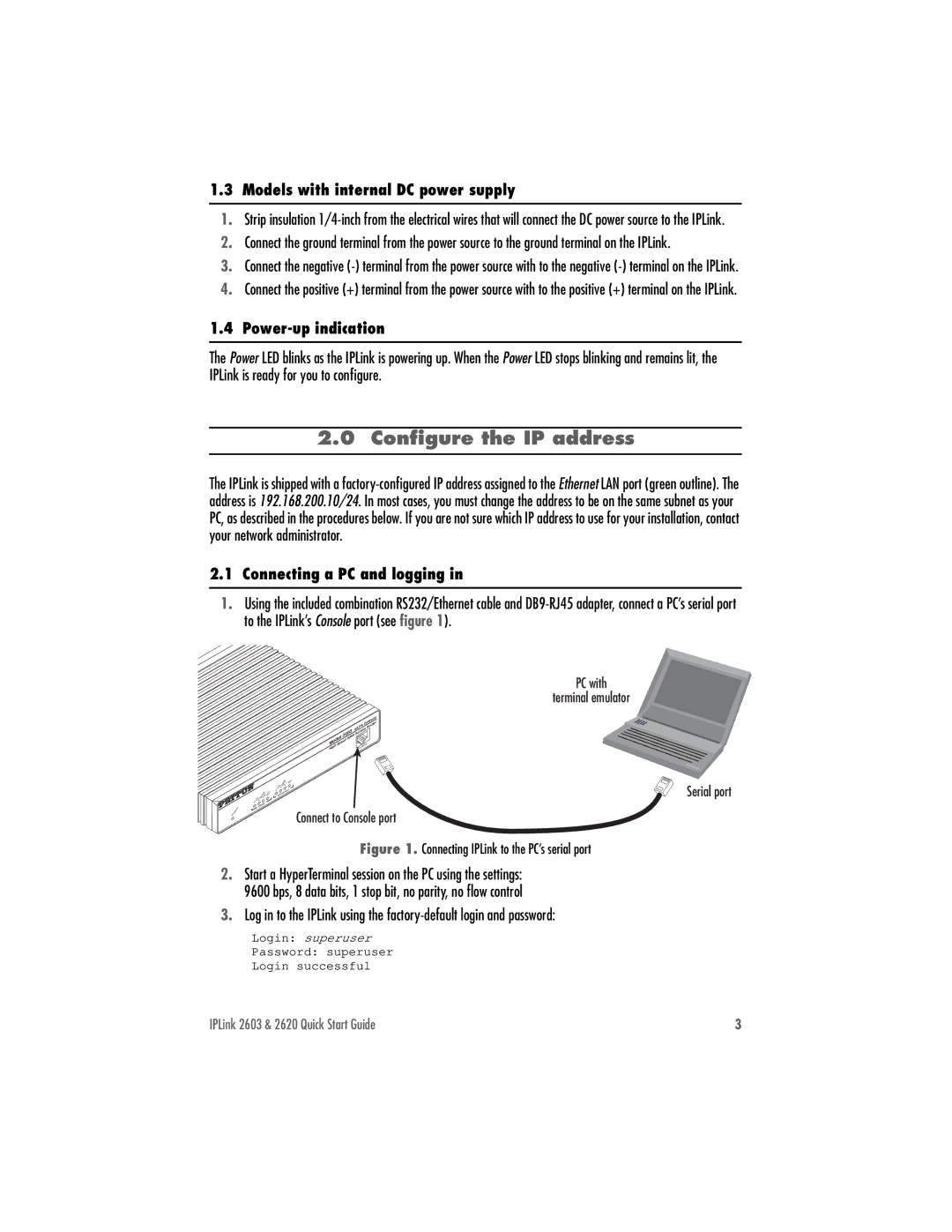 Patton electronic 2620, 2603 quick start Conﬁgure the IP address, Models with internal DC power supply, Power-up indication 