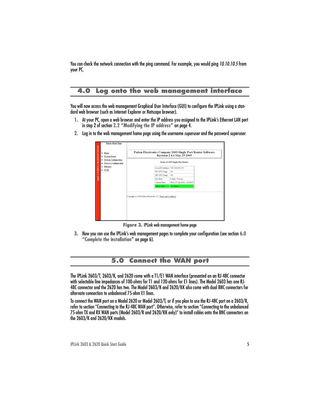 Patton electronic 2620, 2603 quick start Log onto the web management interface, Connect the WAN port 