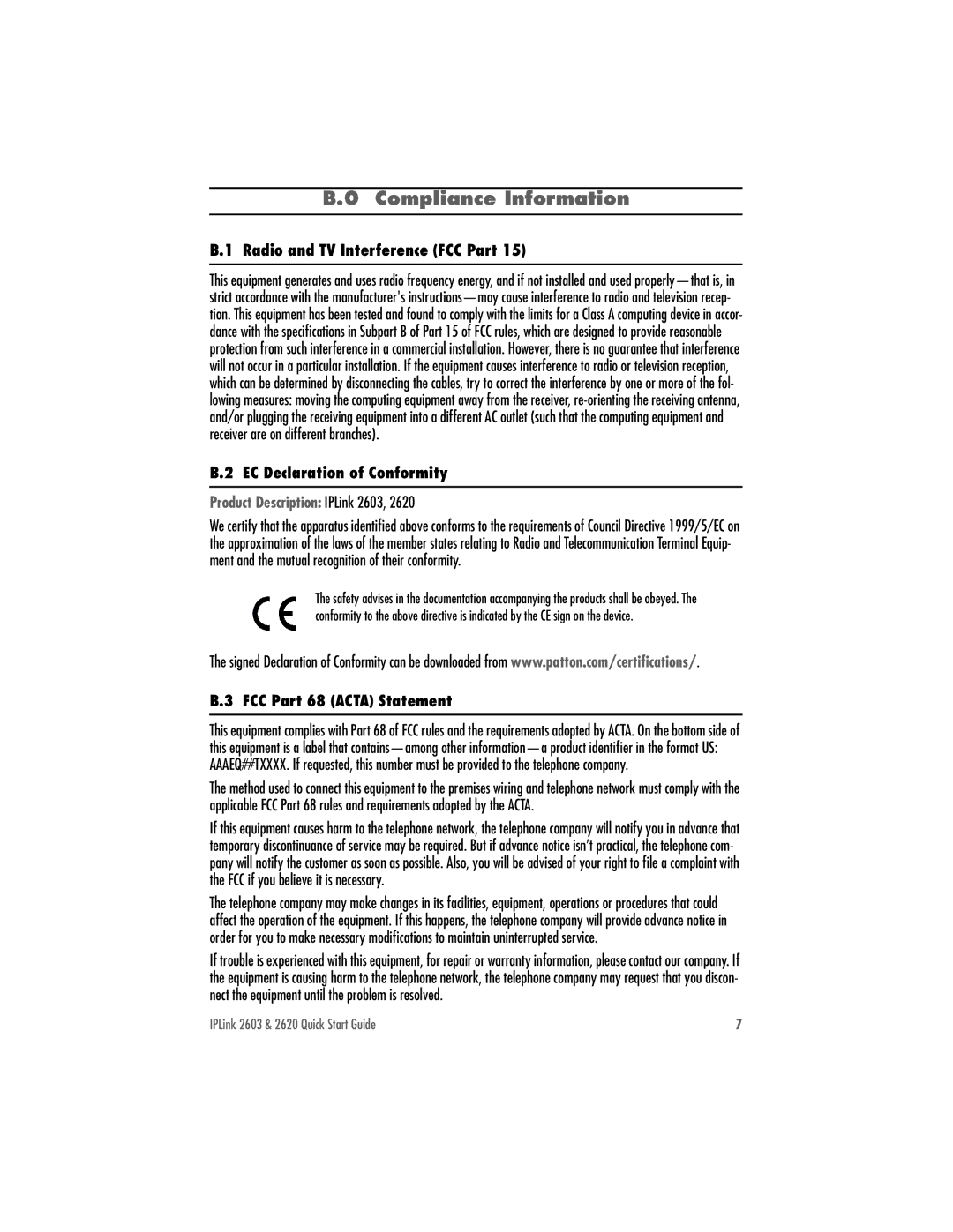 Patton electronic 2620, 2603 Compliance Information, Radio and TV Interference FCC Part, EC Declaration of Conformity 