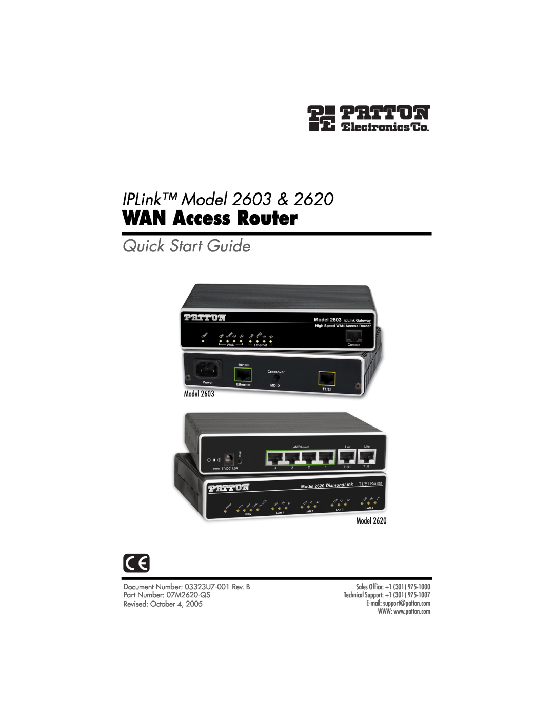 Patton electronic quick start WAN Access Router, IPLink Model 2603, Quick Start Guide, Part Number 07M2620-QS 