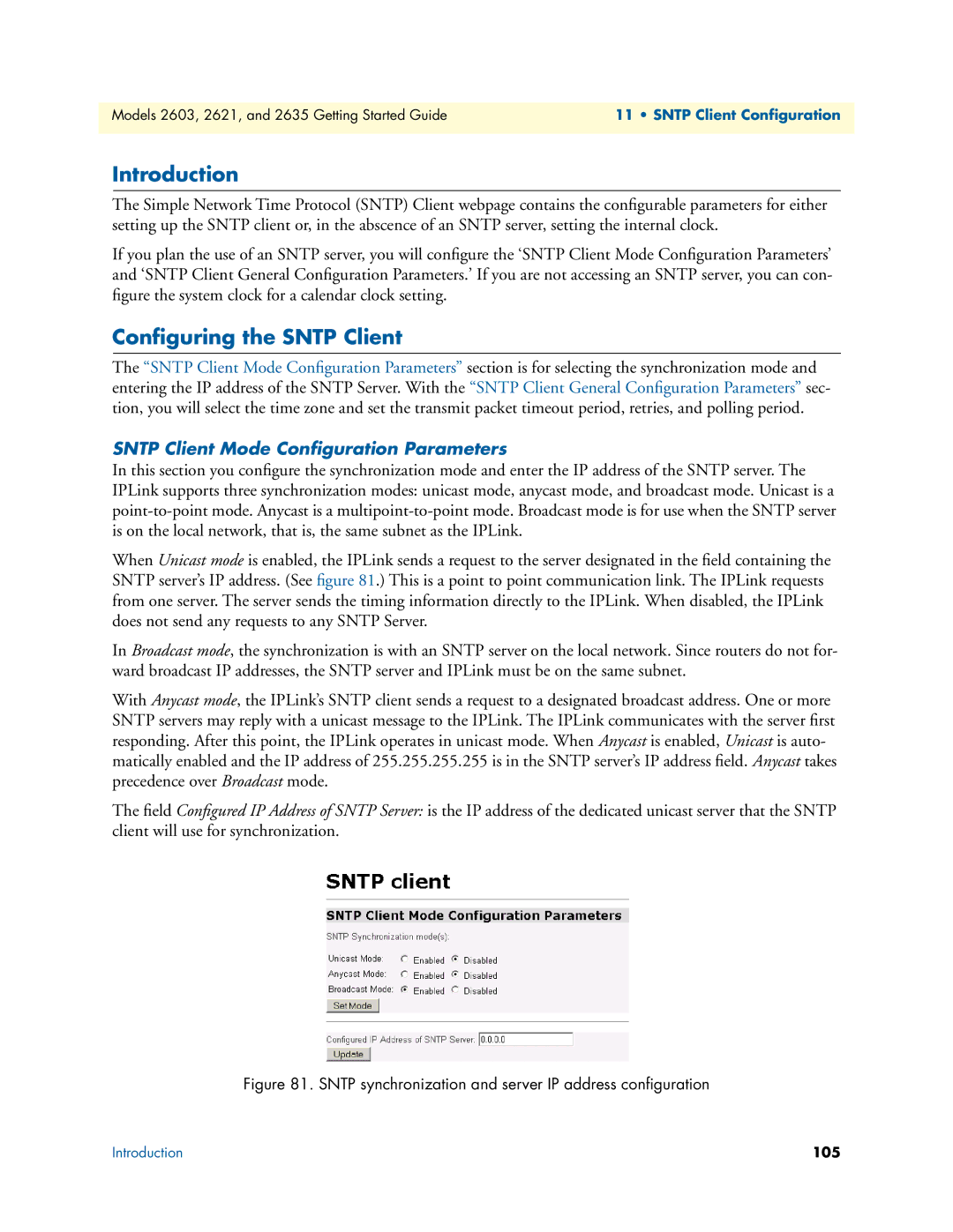 Patton electronic 2603, 2621, 2635 manual Conﬁguring the Sntp Client, Sntp Client Mode Conﬁguration Parameters 