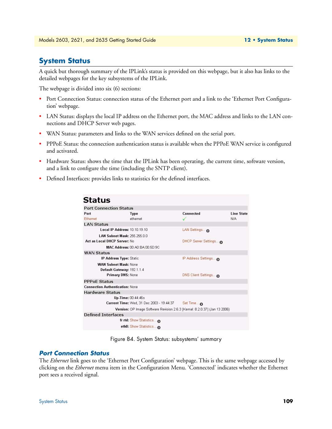 Patton electronic 2621, 2603, 2635 manual System Status, Port Connection Status 