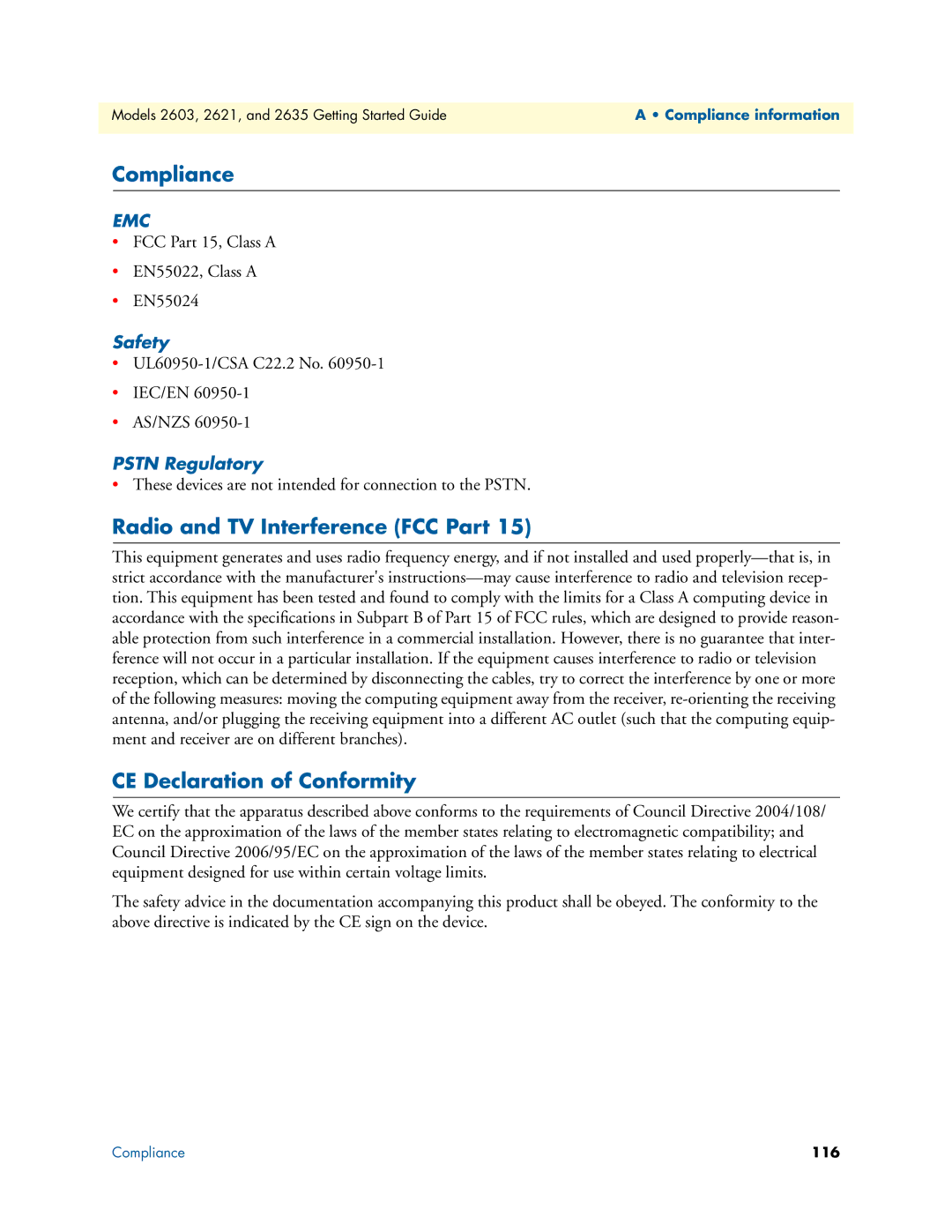 Patton electronic 2635, 2603, 2621 Compliance, Radio and TV Interference FCC Part, CE Declaration of Conformity, Safety 