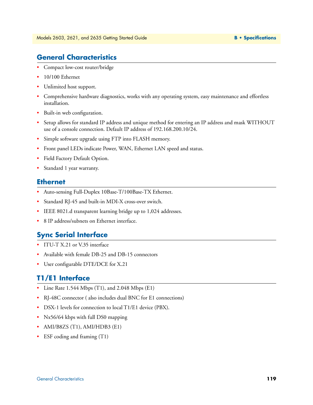 Patton electronic 2635, 2603, 2621 manual General Characteristics, Ethernet, Sync Serial Interface, T1/E1 Interface 