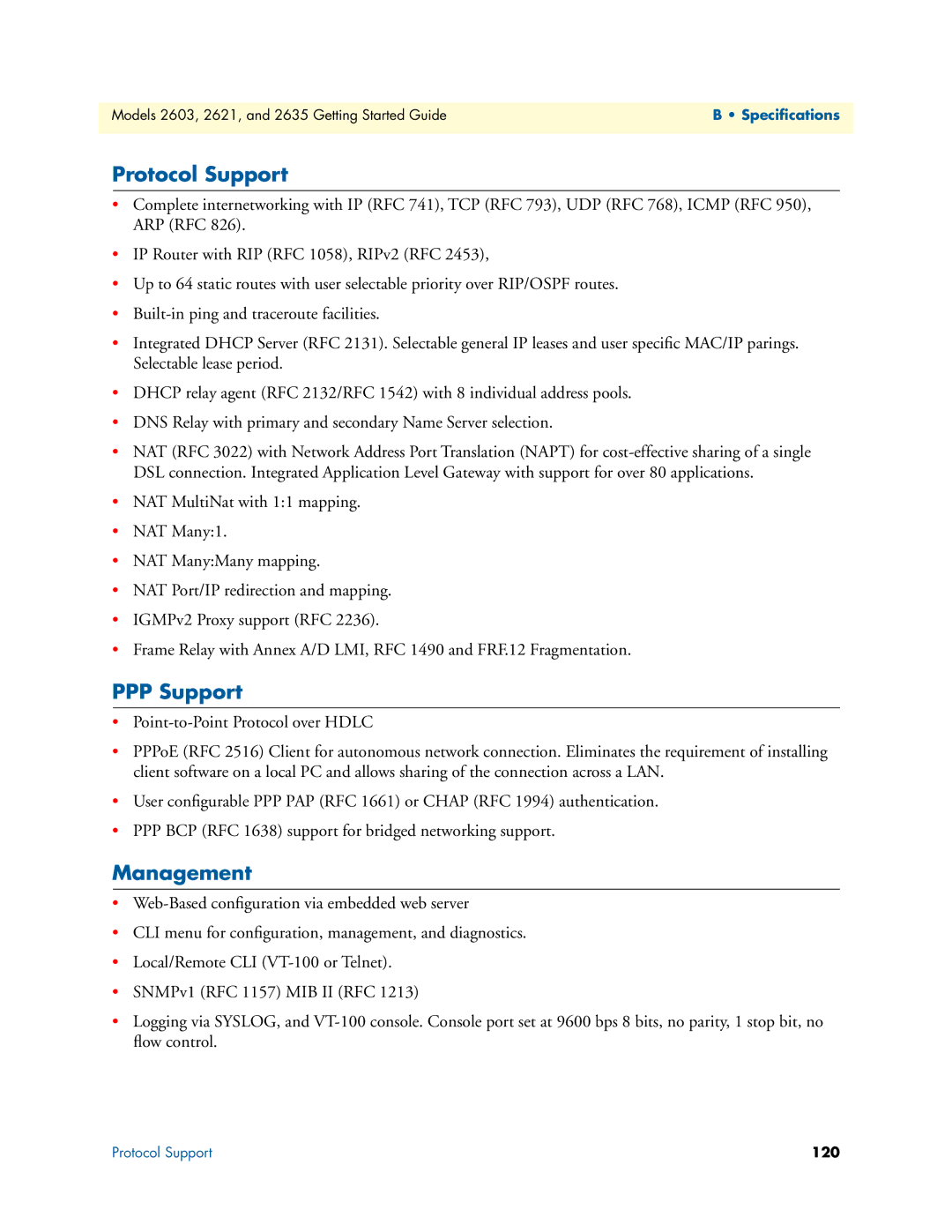 Patton electronic 2603, 2621, 2635 manual Protocol Support, PPP Support, Management 