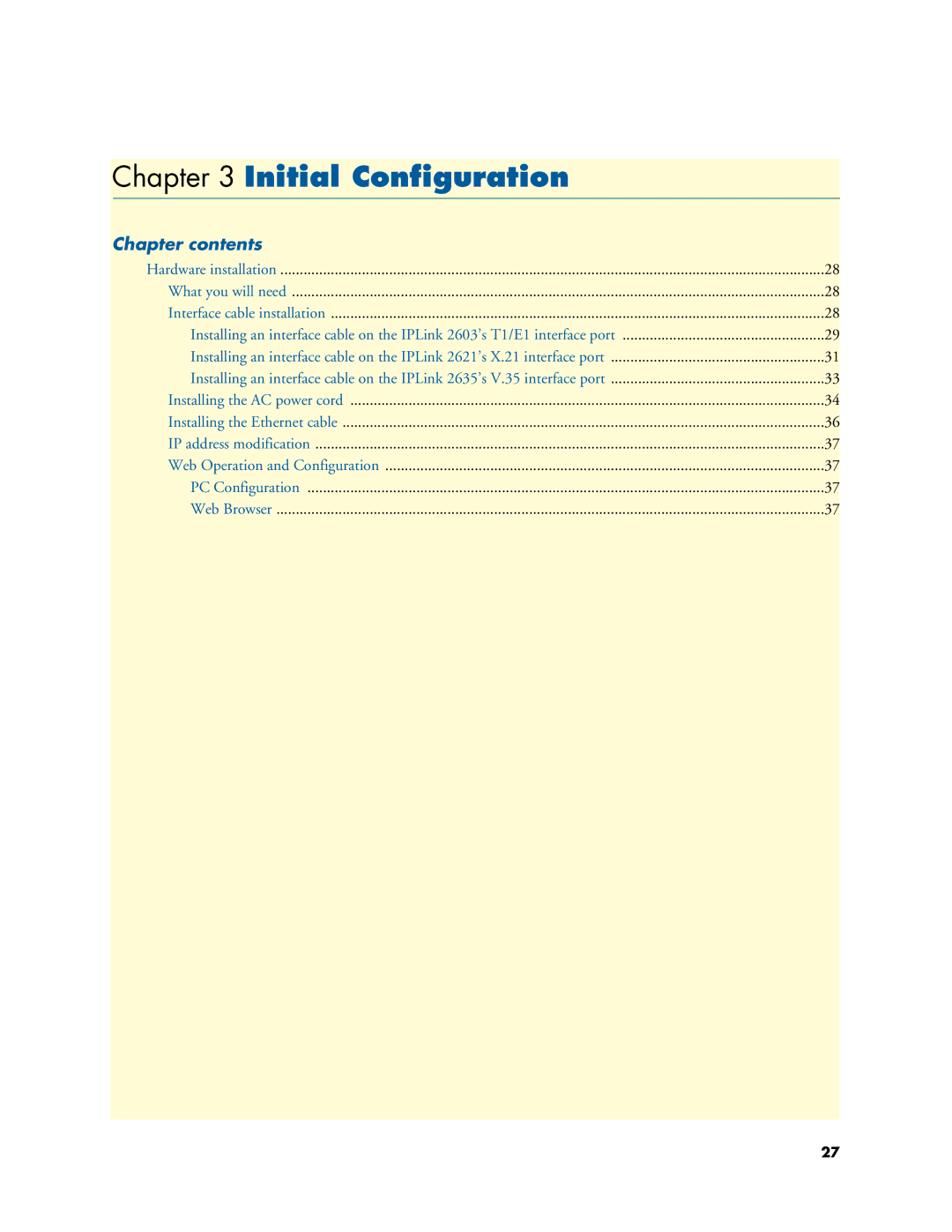 Patton electronic 2603, 2621, 2635 manual Initial Conﬁguration, Chapter contents 