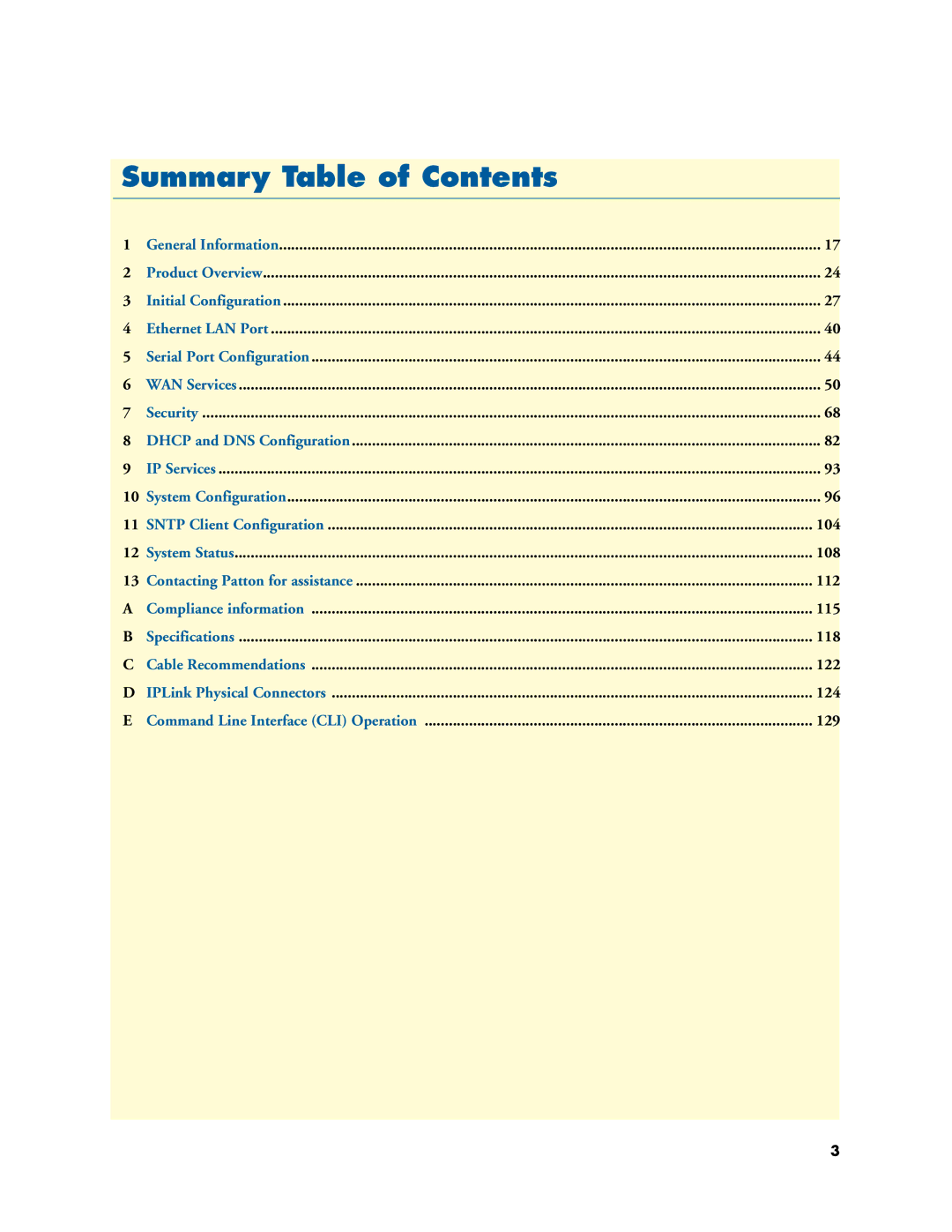 Patton electronic 2603, 2621, 2635 manual Summary Table of Contents 