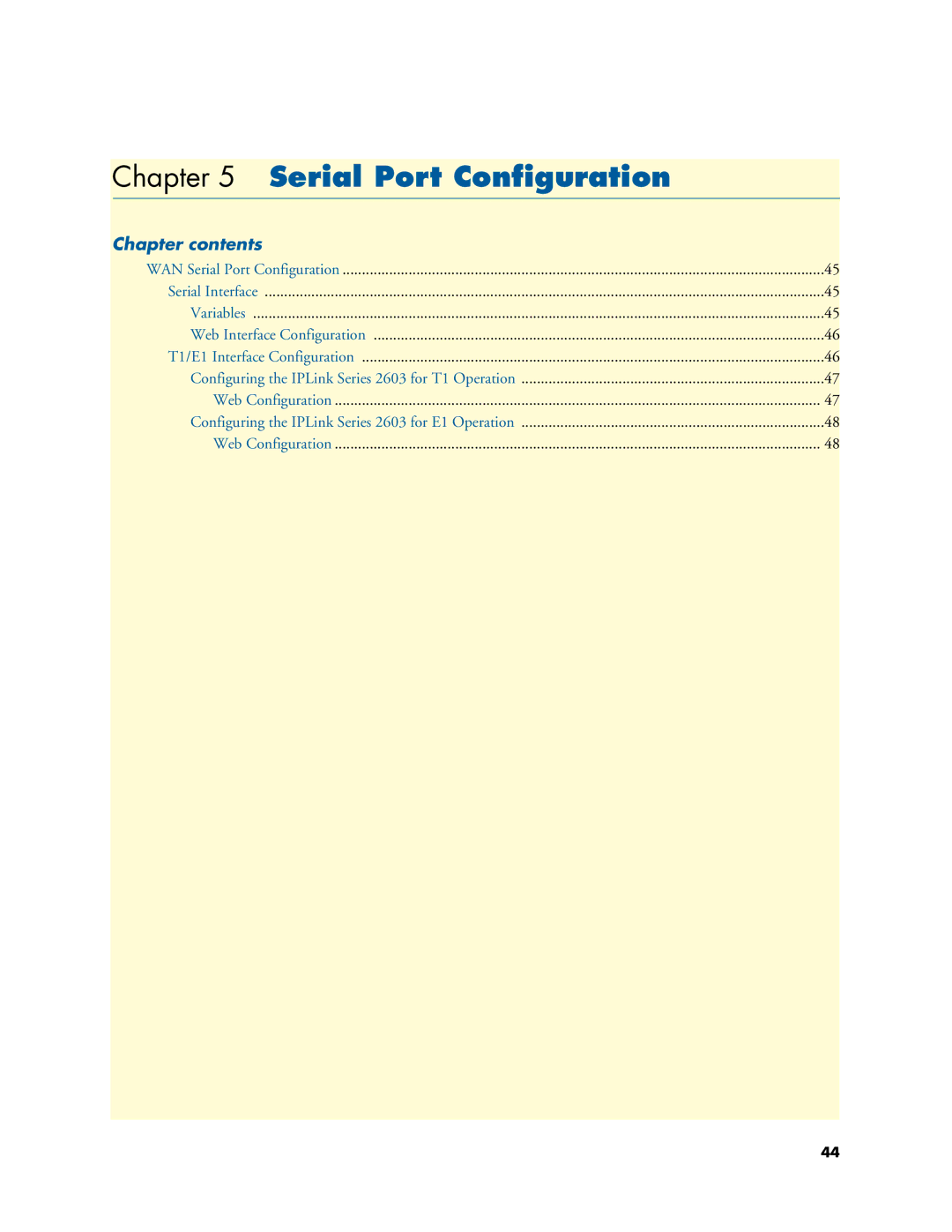 Patton electronic 2635, 2603, 2621 manual Serial Port Conﬁguration, Chapter contents 