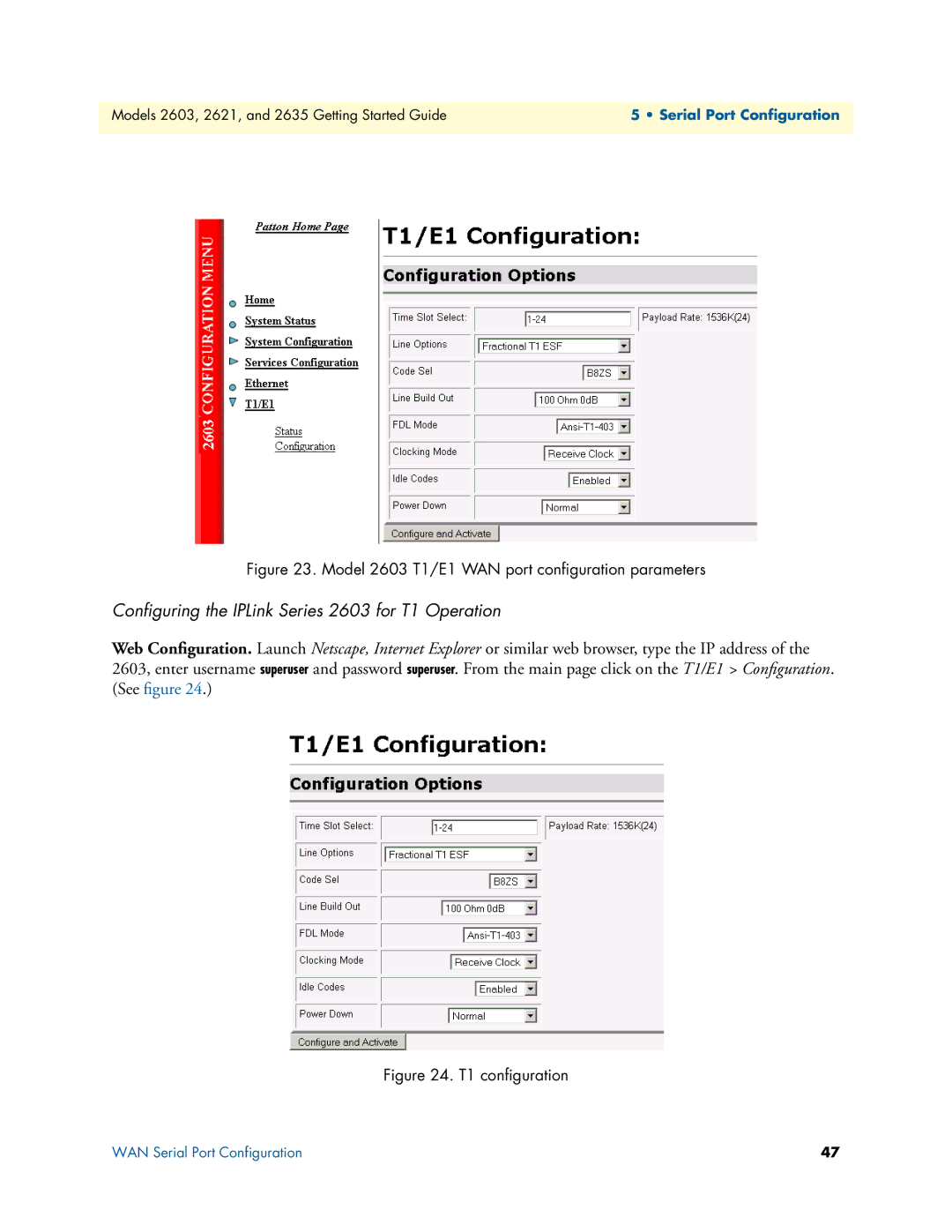 Patton electronic 2635 Conﬁguring the IPLink Series 2603 for T1 Operation, Web Conﬁguration , enter username See ﬁgure 