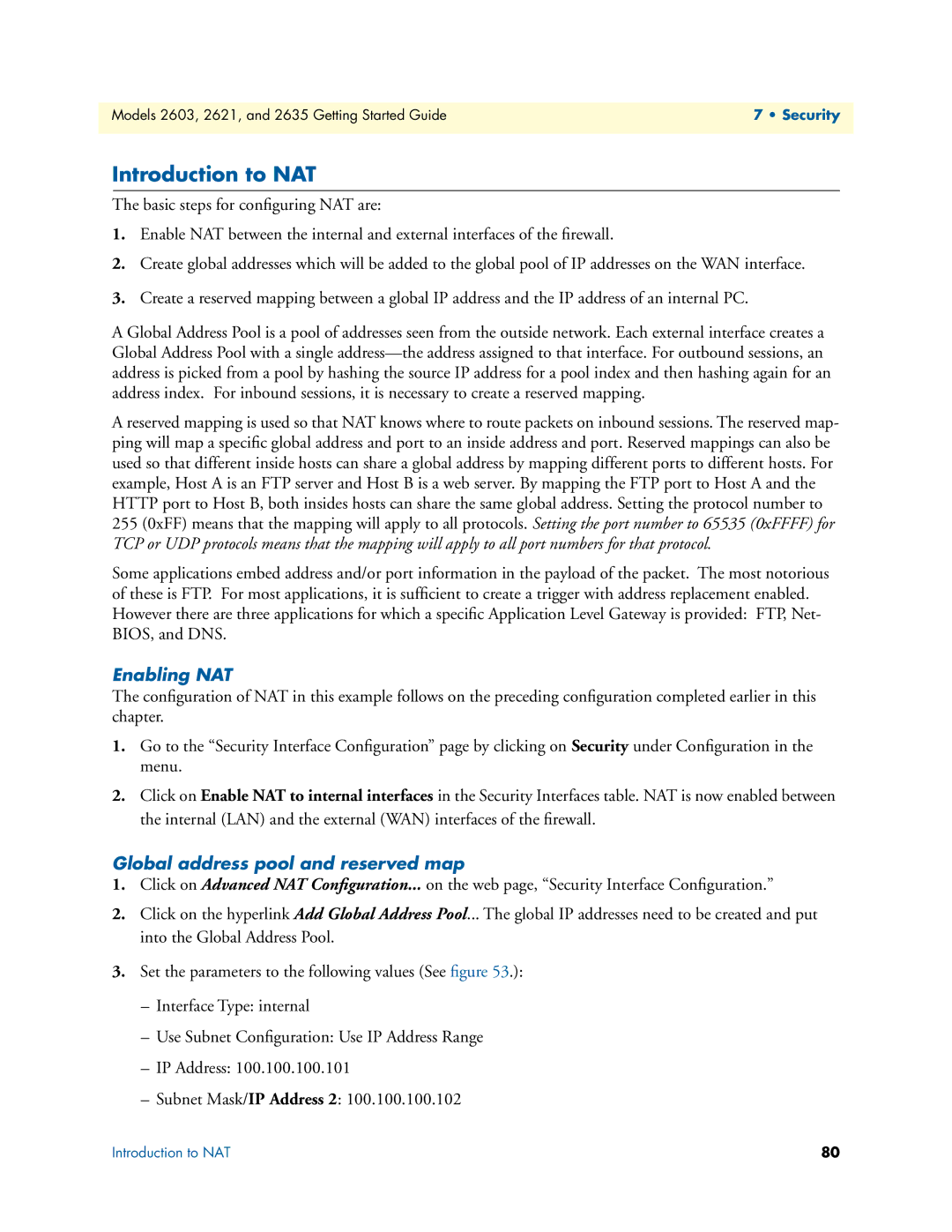 Patton electronic 2635, 2603, 2621 manual Introduction to NAT, Enabling NAT, Global address pool and reserved map 