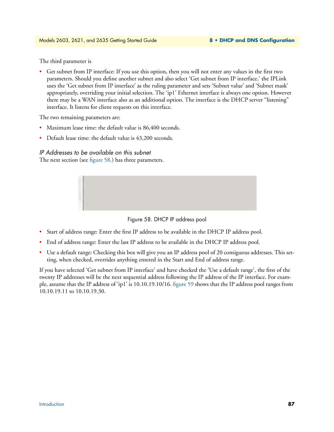 Patton electronic 2603, 2621, 2635 manual IP Addresses to be available on this subnet, Dhcp IP address pool 