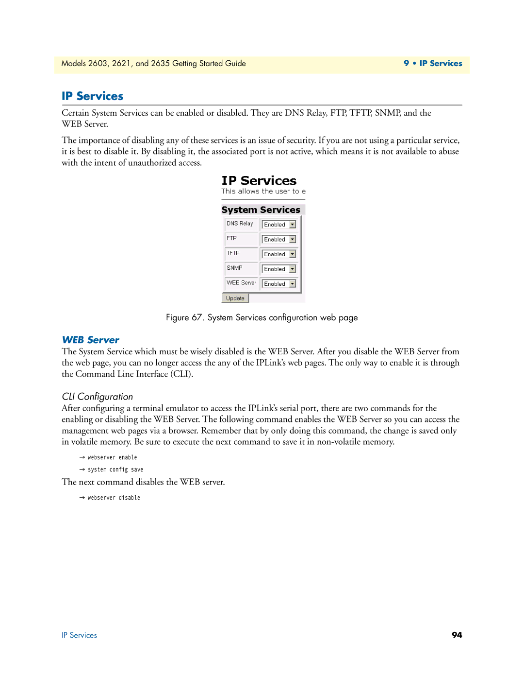 Patton electronic 2621, 2603, 2635 manual IP Services, WEB Server, CLI Conﬁguration 