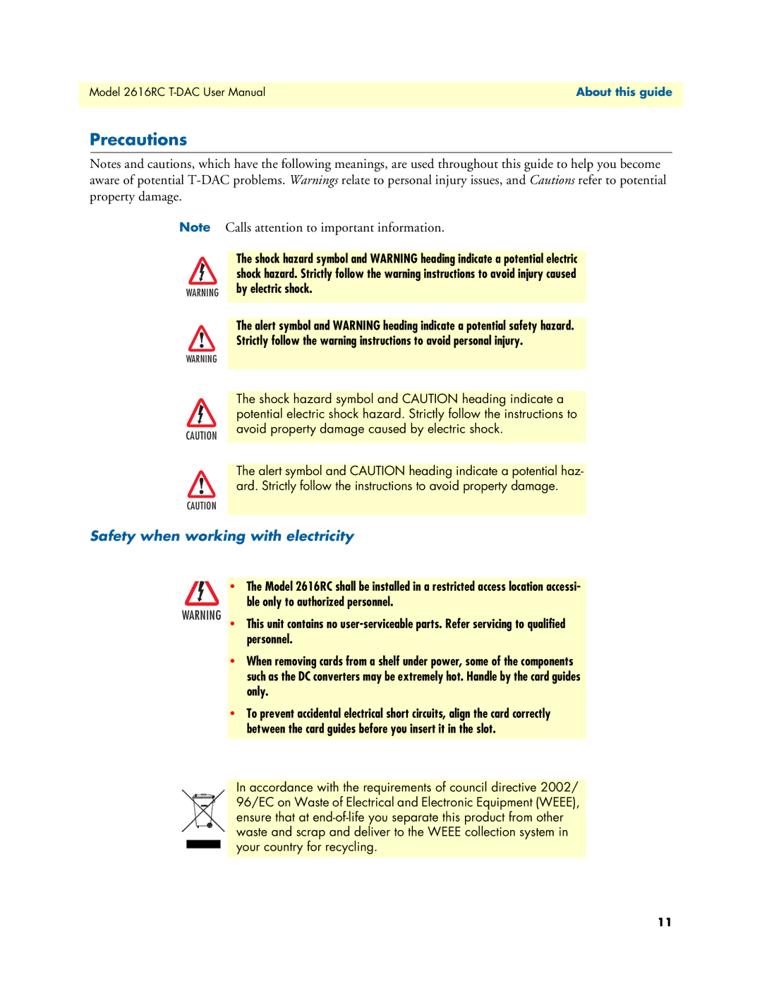 Patton electronic 2616RC user manual Precautions, Safety when working with electricity 