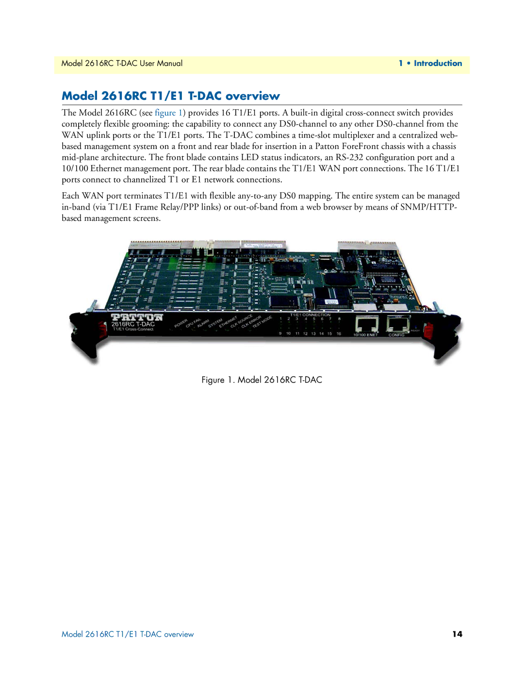 Patton electronic user manual Model 2616RC T1/E1 T-DAC overview, Model 2616RC T-DAC 