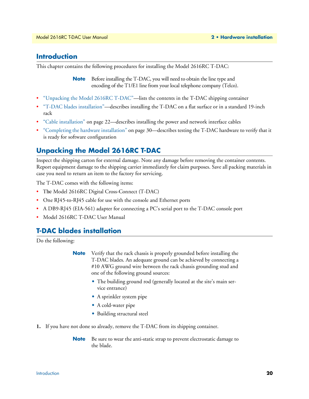 Patton electronic user manual Introduction, Unpacking the Model 2616RC T-DAC, DAC blades installation 