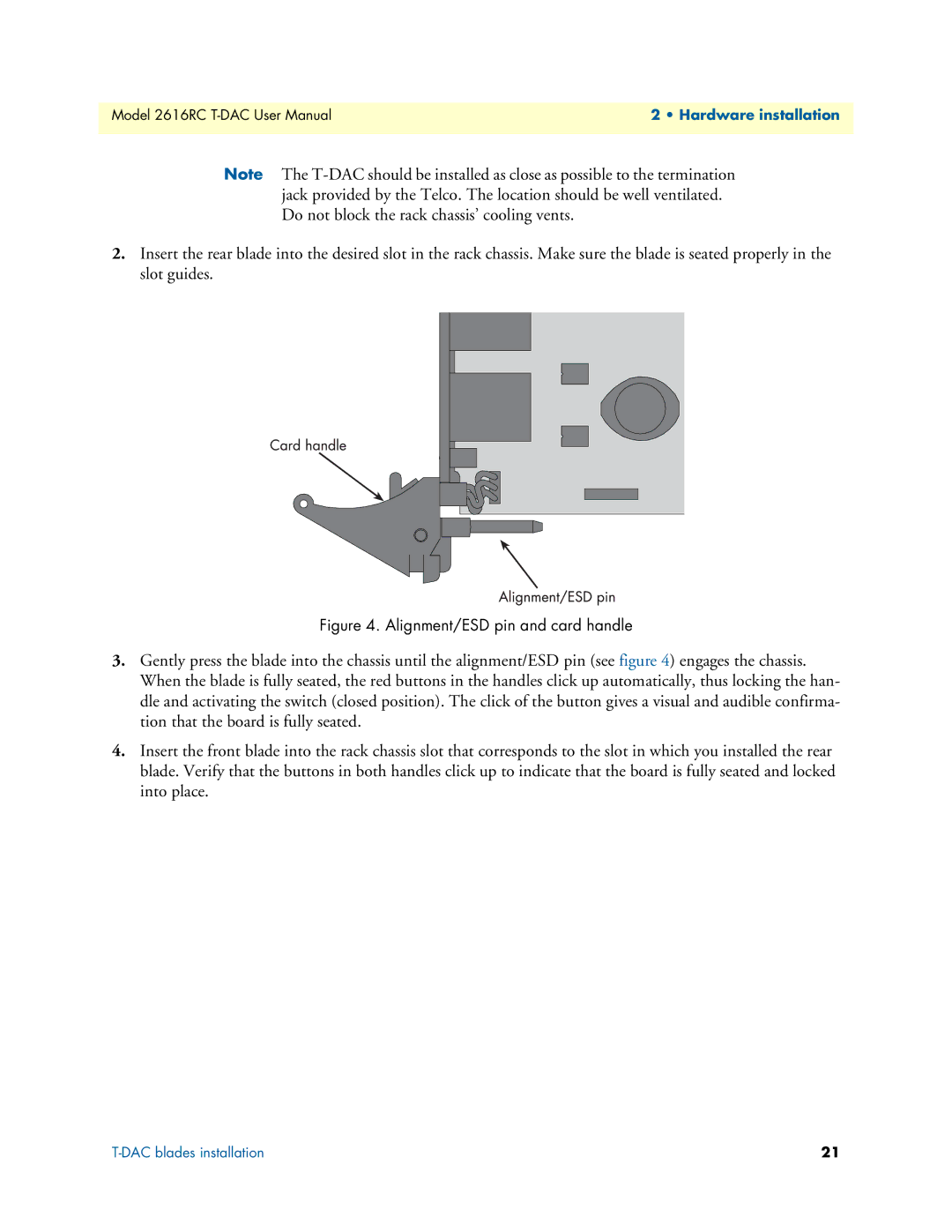 Patton electronic 2616RC user manual Alignment/ESD pin and card handle 