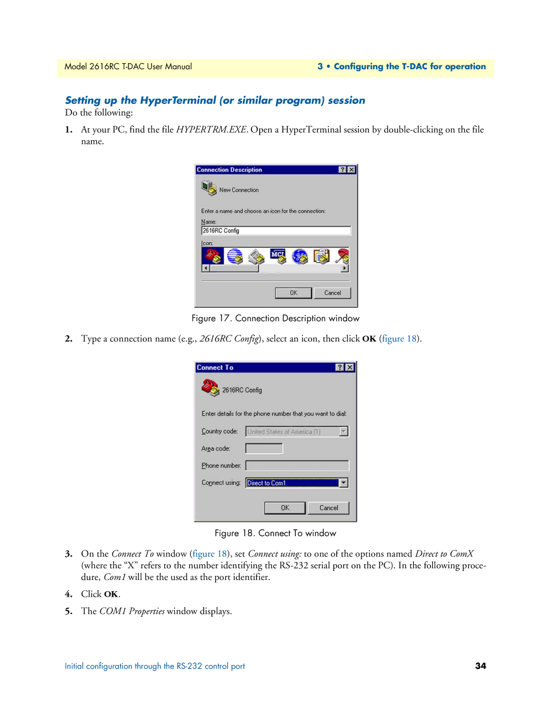 Patton electronic 2616RC user manual Setting up the HyperTerminal or similar program session, Connection Description window 