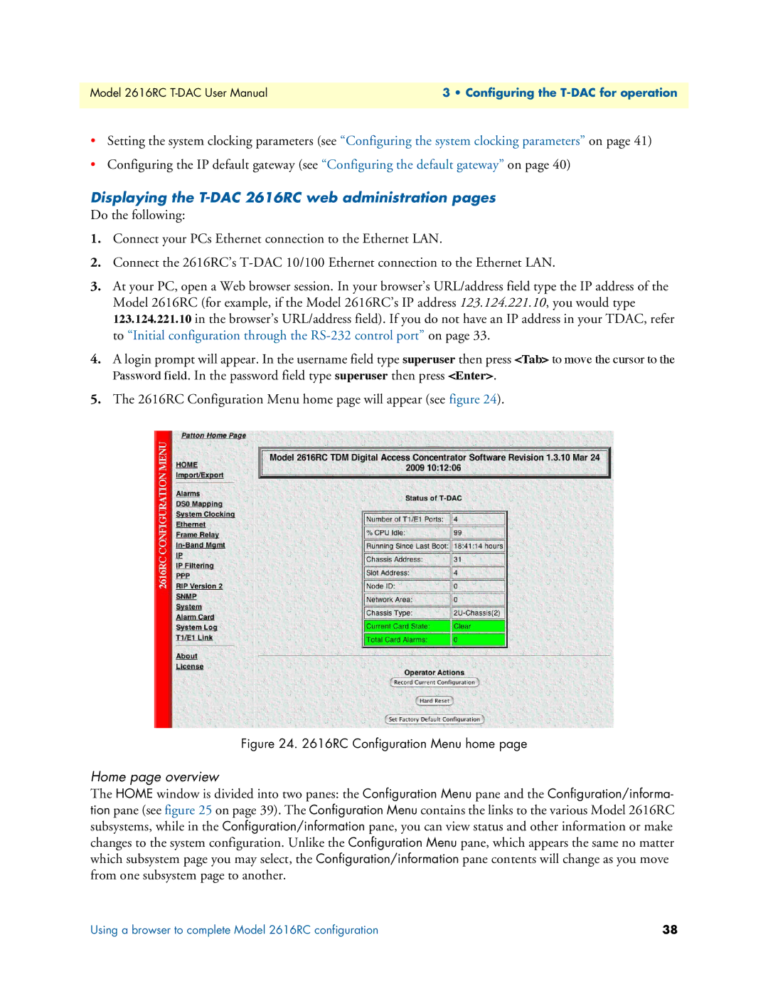 Patton electronic user manual Displaying the T-DAC 2616RC web administration pages, Home page overview 