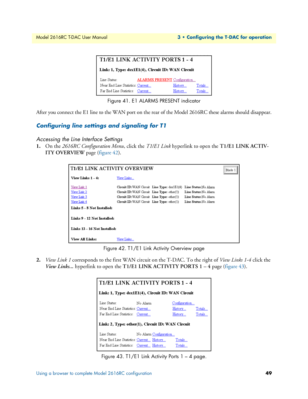 Patton electronic 2616RC user manual Configuring line settings and signaling for T1, E1 Alarms Present indicator 