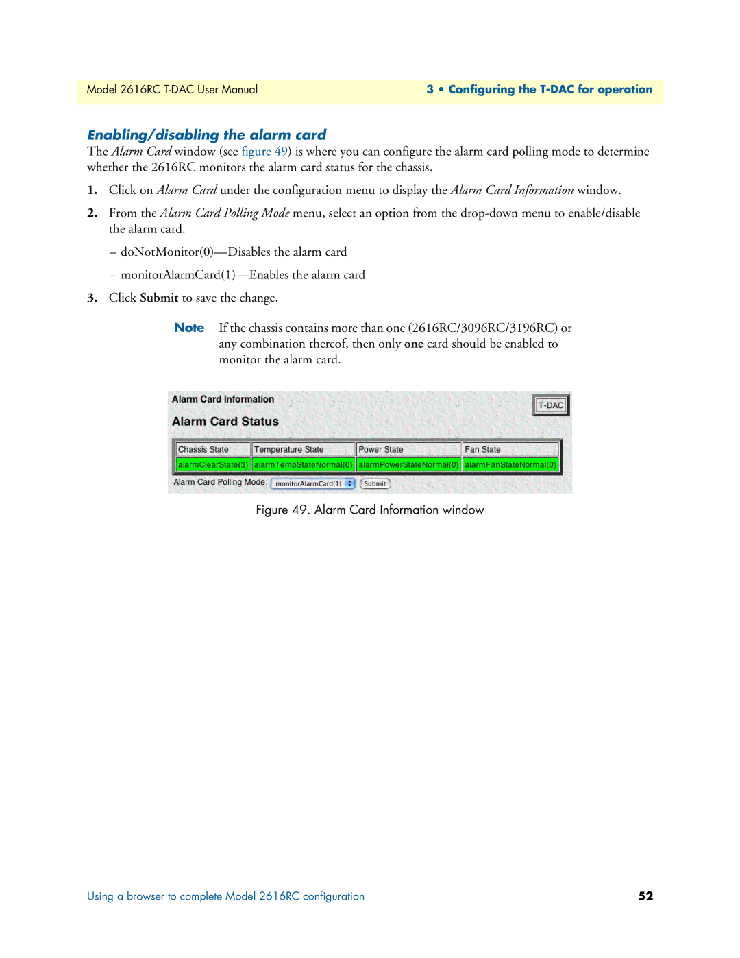 Patton electronic 2616RC user manual Enabling/disabling the alarm card, Alarm Card Information window 