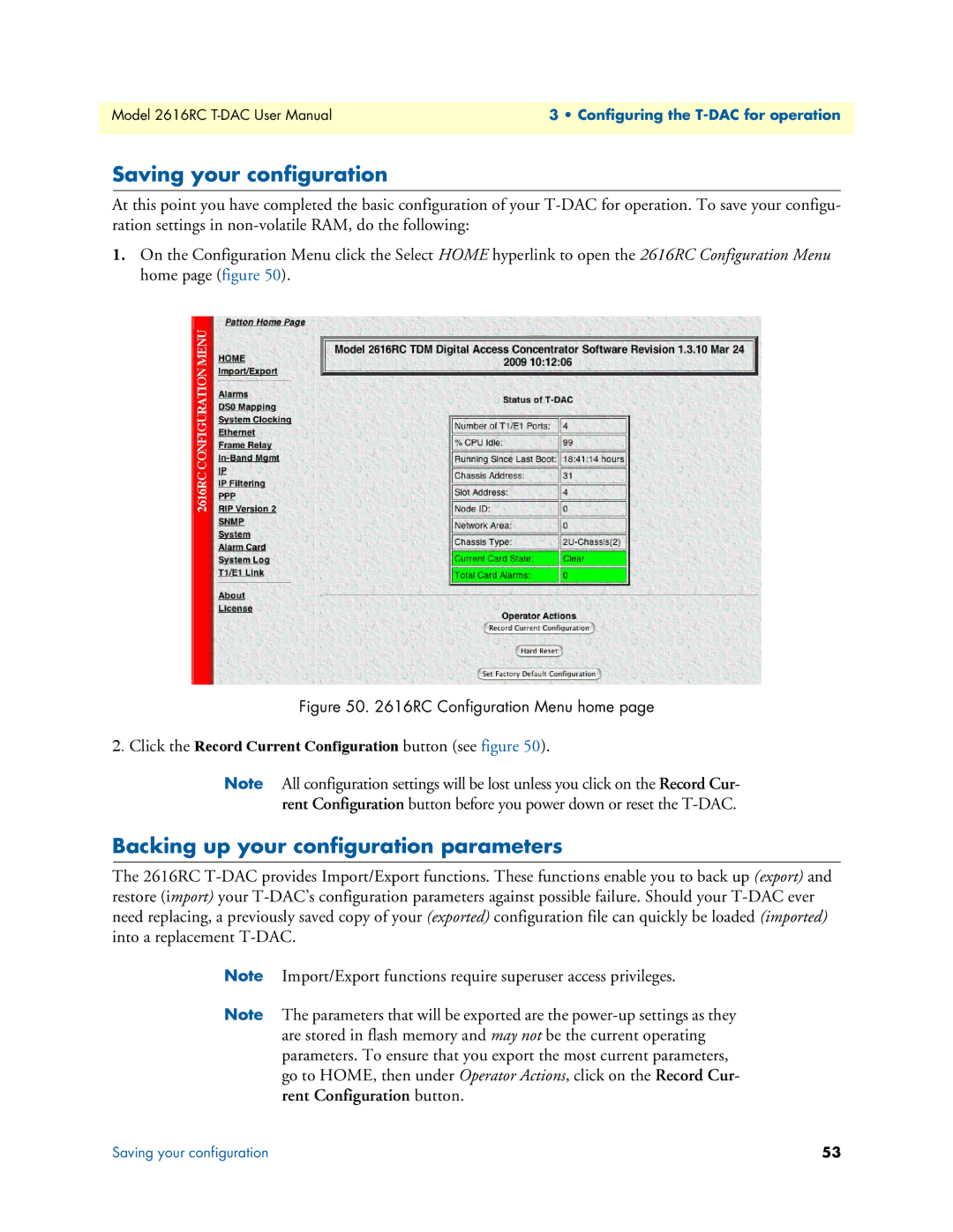 Patton electronic 2616RC user manual Saving your configuration, Backing up your configuration parameters 