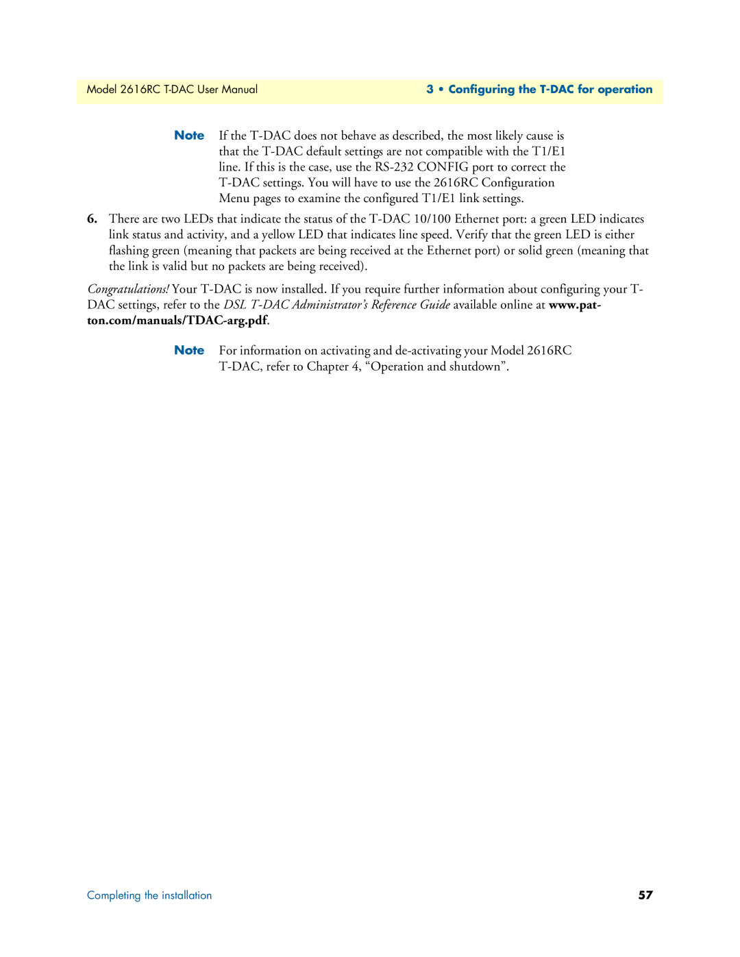 Patton electronic 2616RC user manual Configuring the T-DAC for operation 