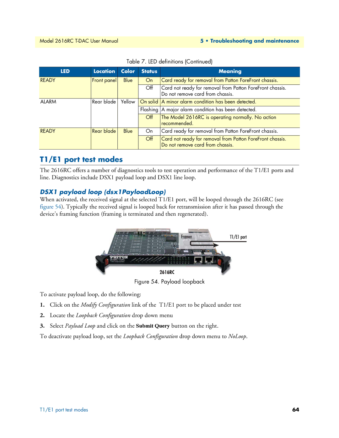 Patton electronic 2616RC user manual T1/E1 port test modes, DSX1 payload loop dsx1PayloadLoop 