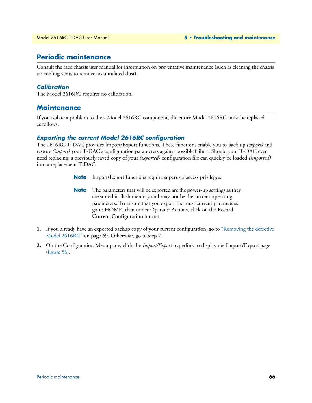 Patton electronic Periodic maintenance, Maintenance, Calibration, Exporting the current Model 2616RC configuration 