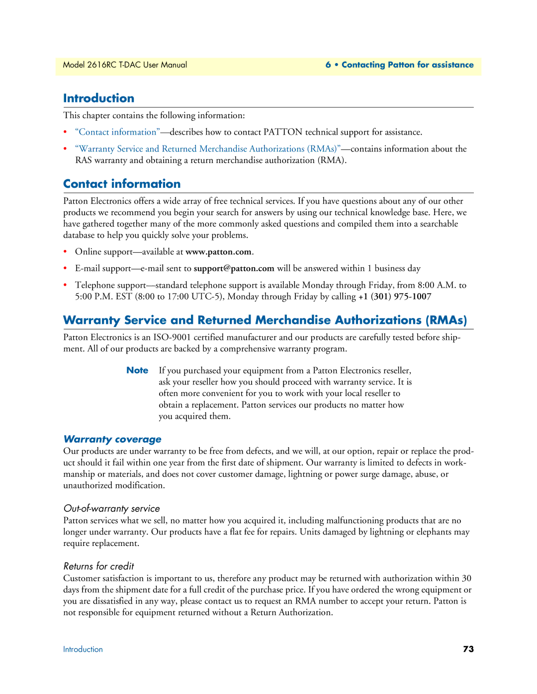 Patton electronic 2616RC user manual Contact information, Warranty coverage, Out-of-warranty service, Returns for credit 