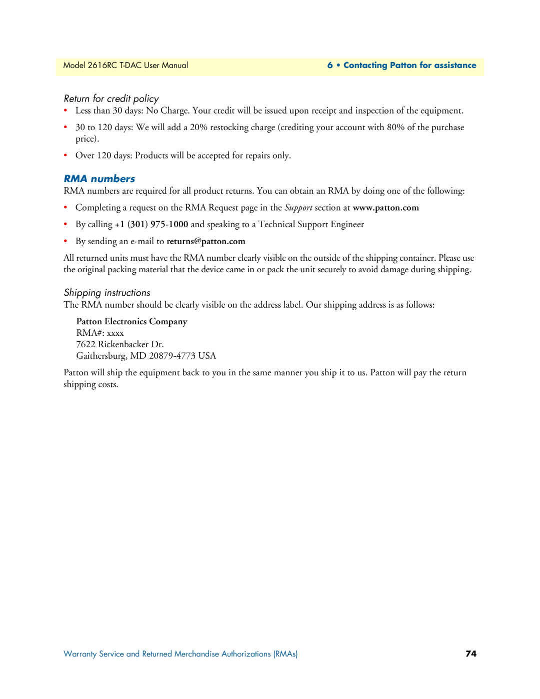 Patton electronic 2616RC user manual Return for credit policy, RMA numbers, Shipping instructions 