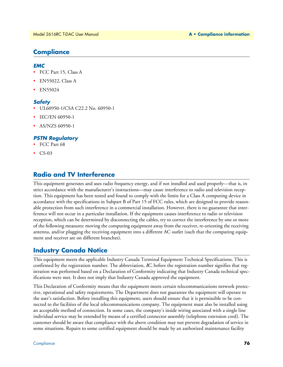 Patton electronic 2616RC user manual Compliance, Radio and TV Interference, Industry Canada Notice, Safety, Pstn Regulatory 