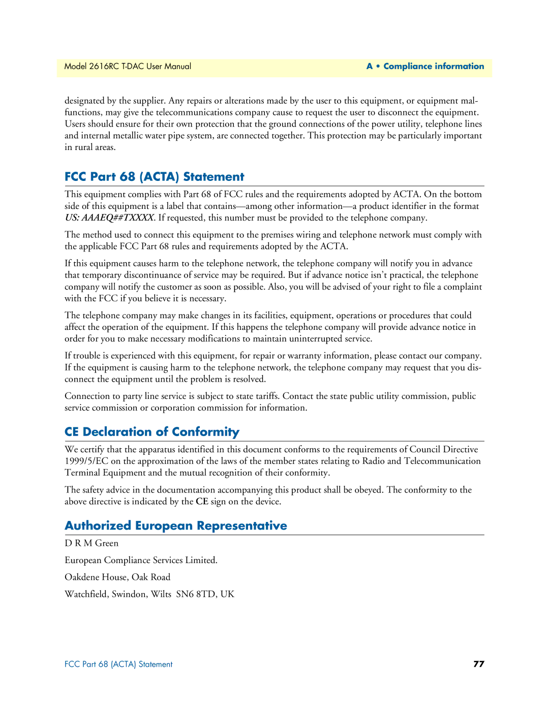 Patton electronic 2616RC FCC Part 68 Acta Statement, CE Declaration of Conformity, Authorized European Representative 