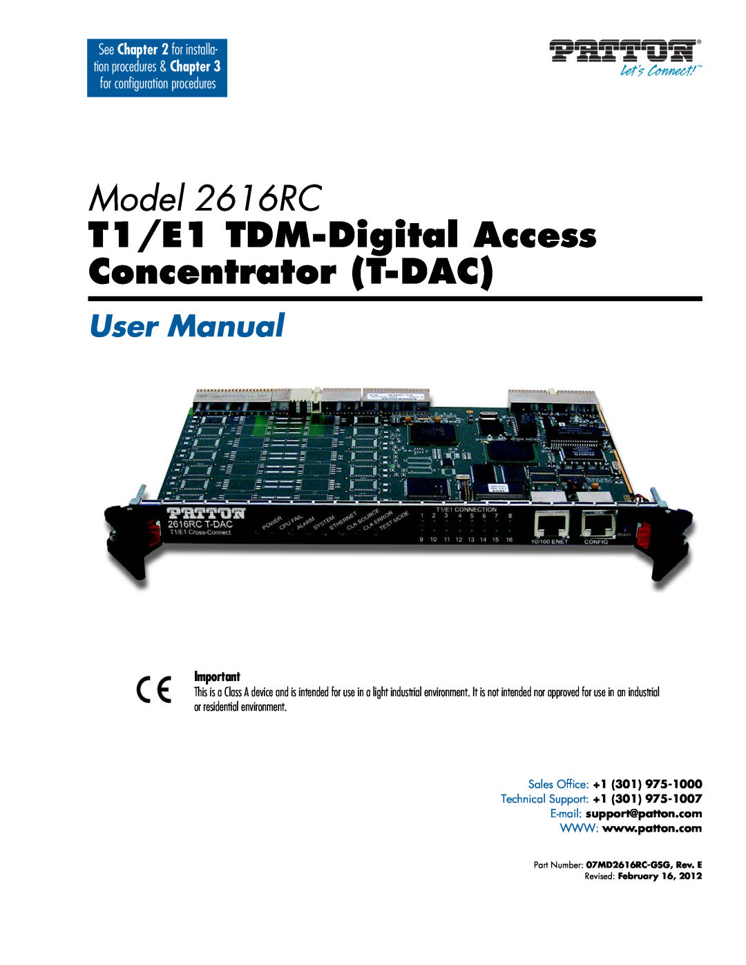 Patton electronic user manual Model 2616RC, T1/E1 TDM-Digital Access Concentrator T-DAC, User Manual 