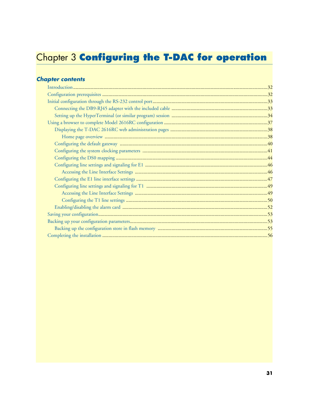 Patton electronic 2616RC user manual Configuring the T-DAC for operation, Chapter contents 