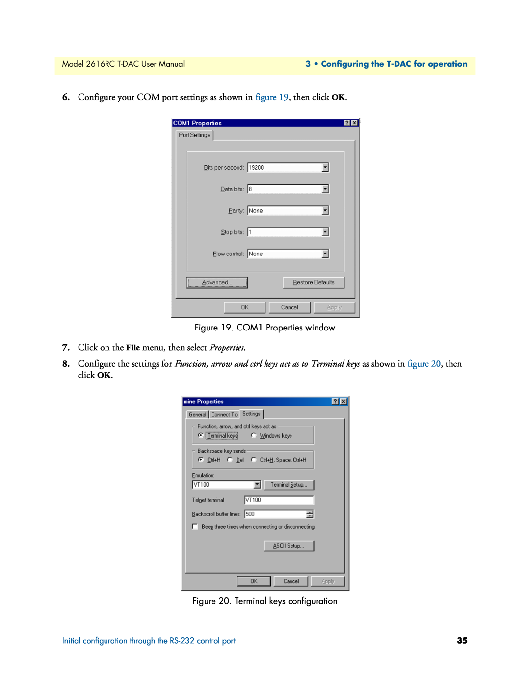 Patton electronic 2616RC user manual Click on the File menu, then select Properties, COM1 Properties window 