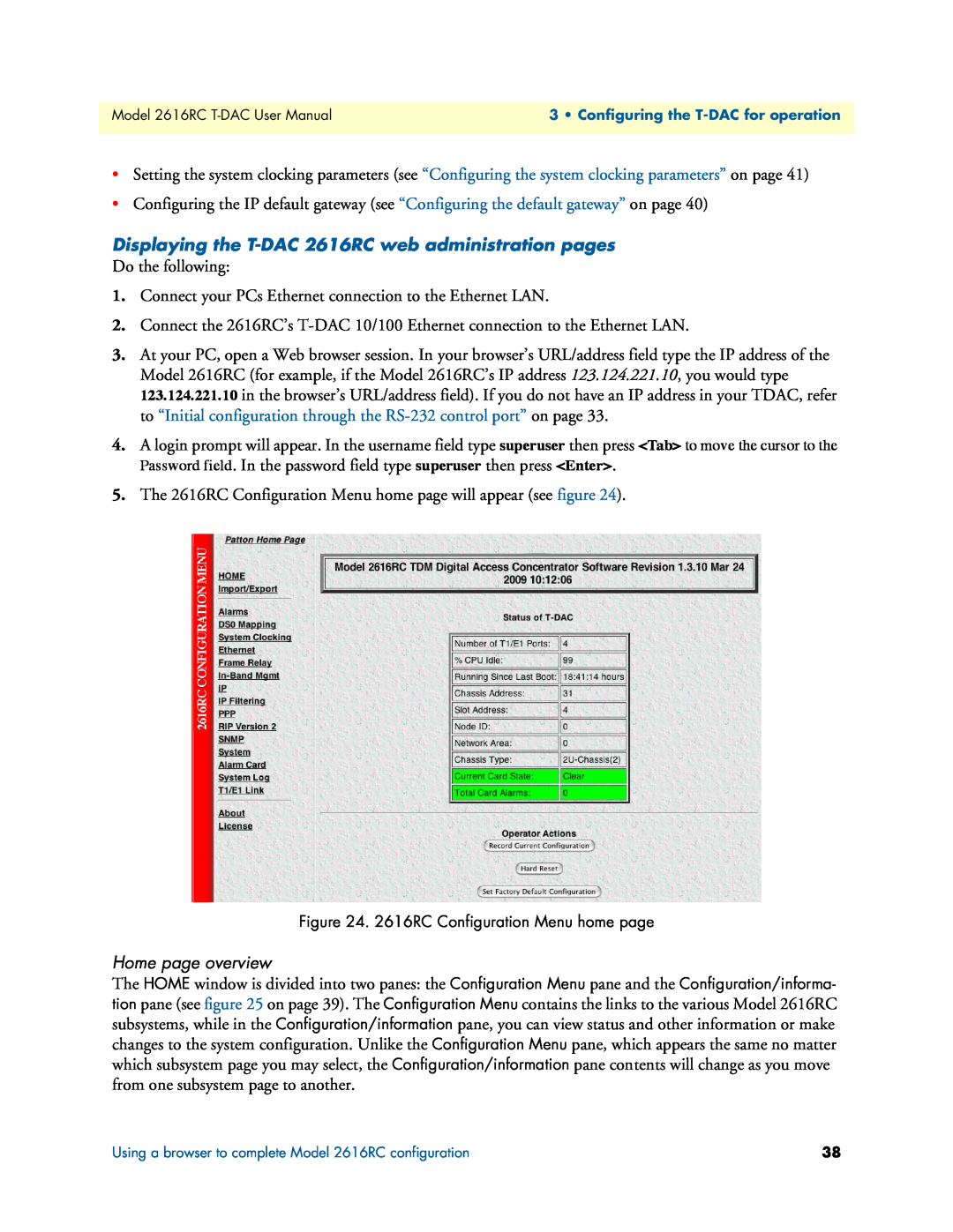 Patton electronic user manual Displaying the T-DAC 2616RC web administration pages, Home page overview 