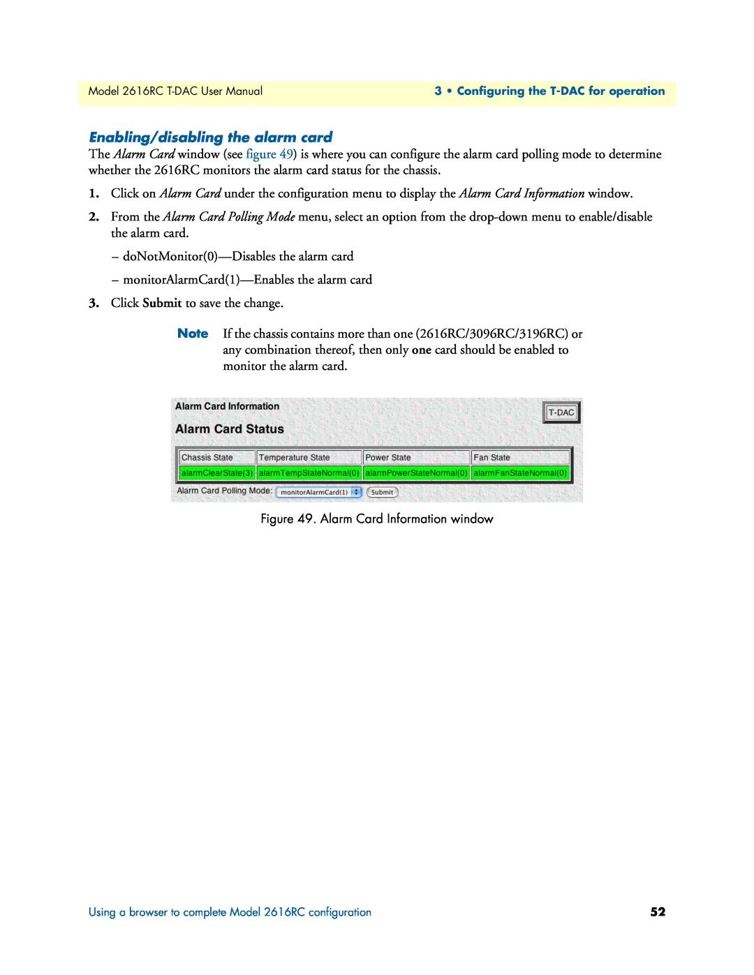 Patton electronic 2616RC user manual Enabling/disabling the alarm card 