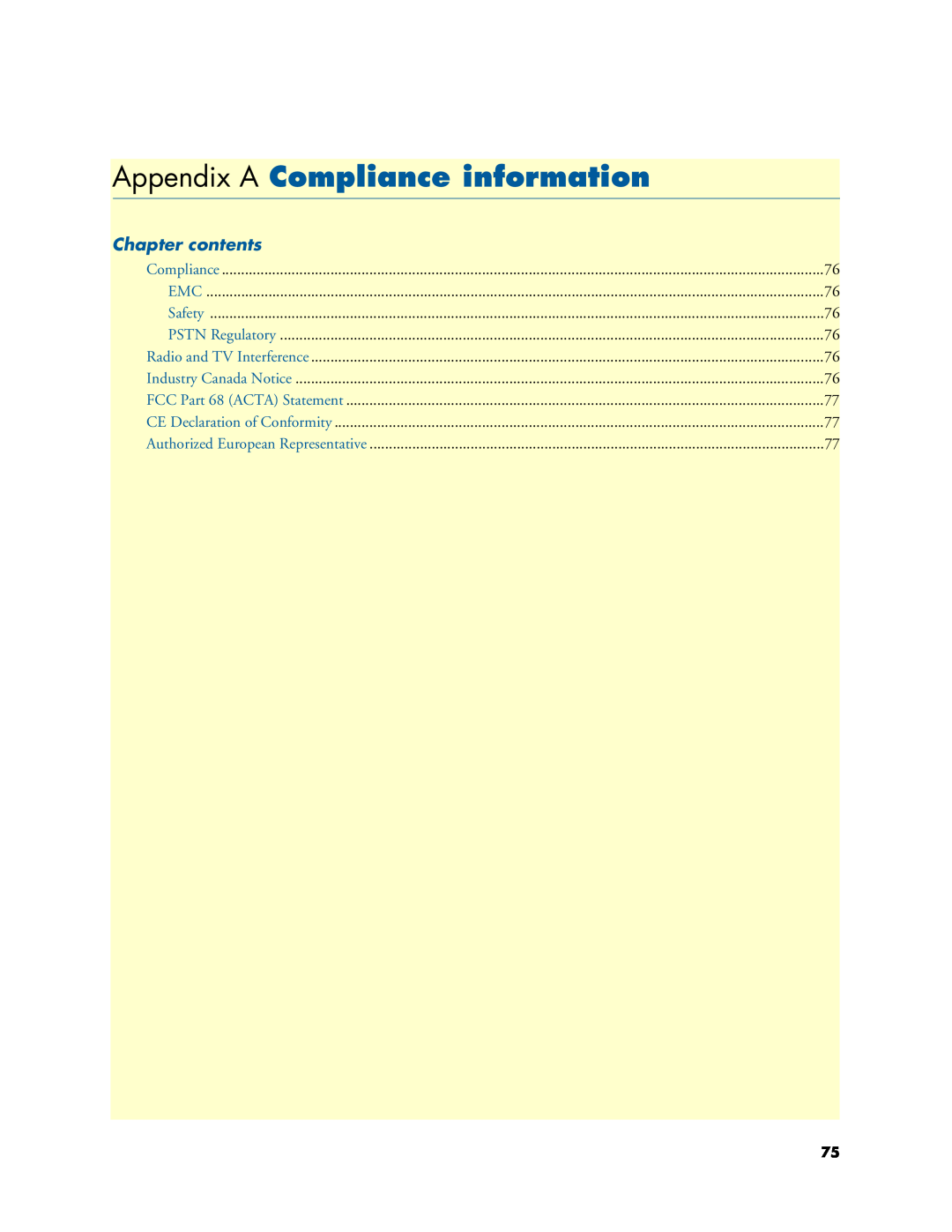 Patton electronic 2616RC user manual Appendix A Compliance information, Chapter contents, Safety, PSTN Regulatory 