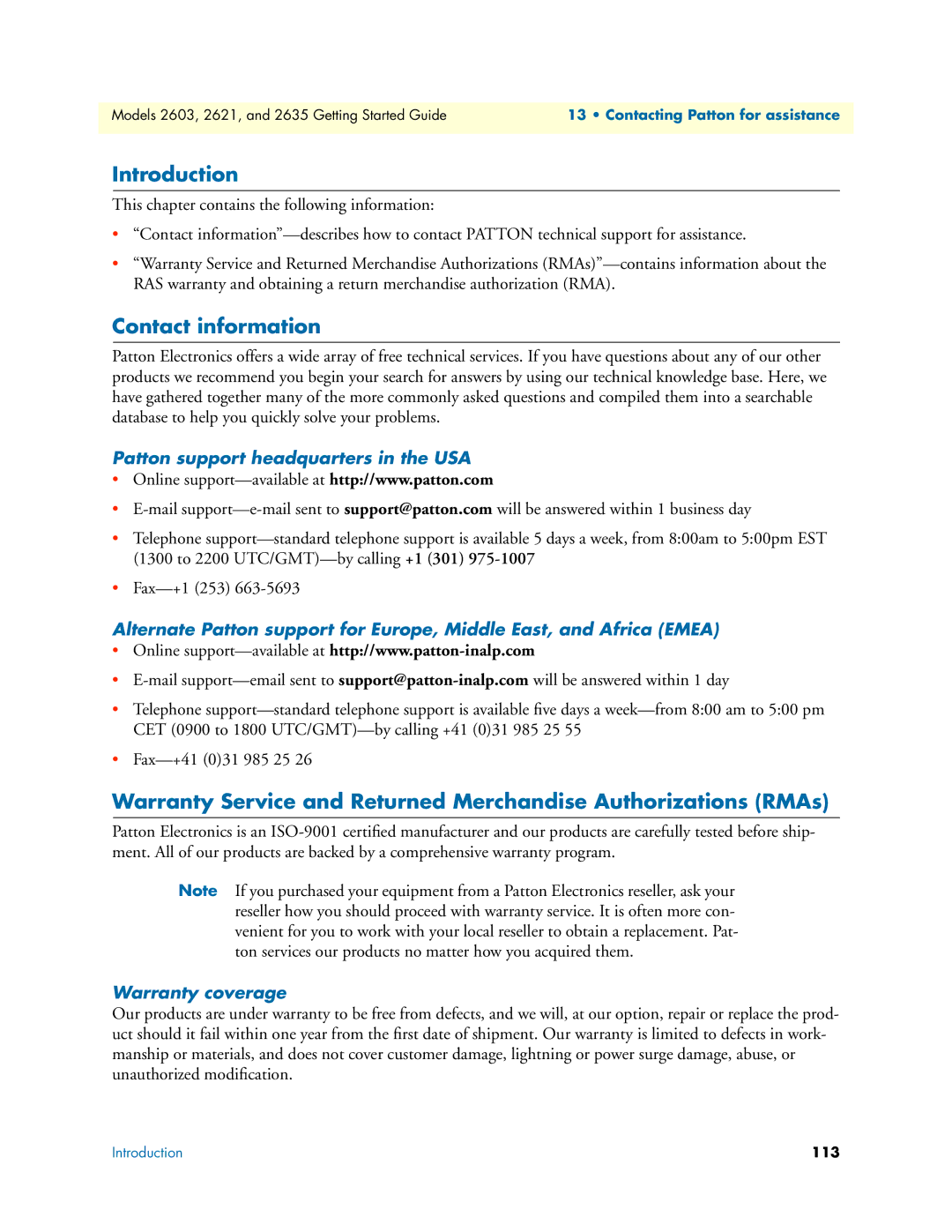 Patton electronic 2635, 2621 manual Contact information, Patton support headquarters in the USA, Warranty coverage 
