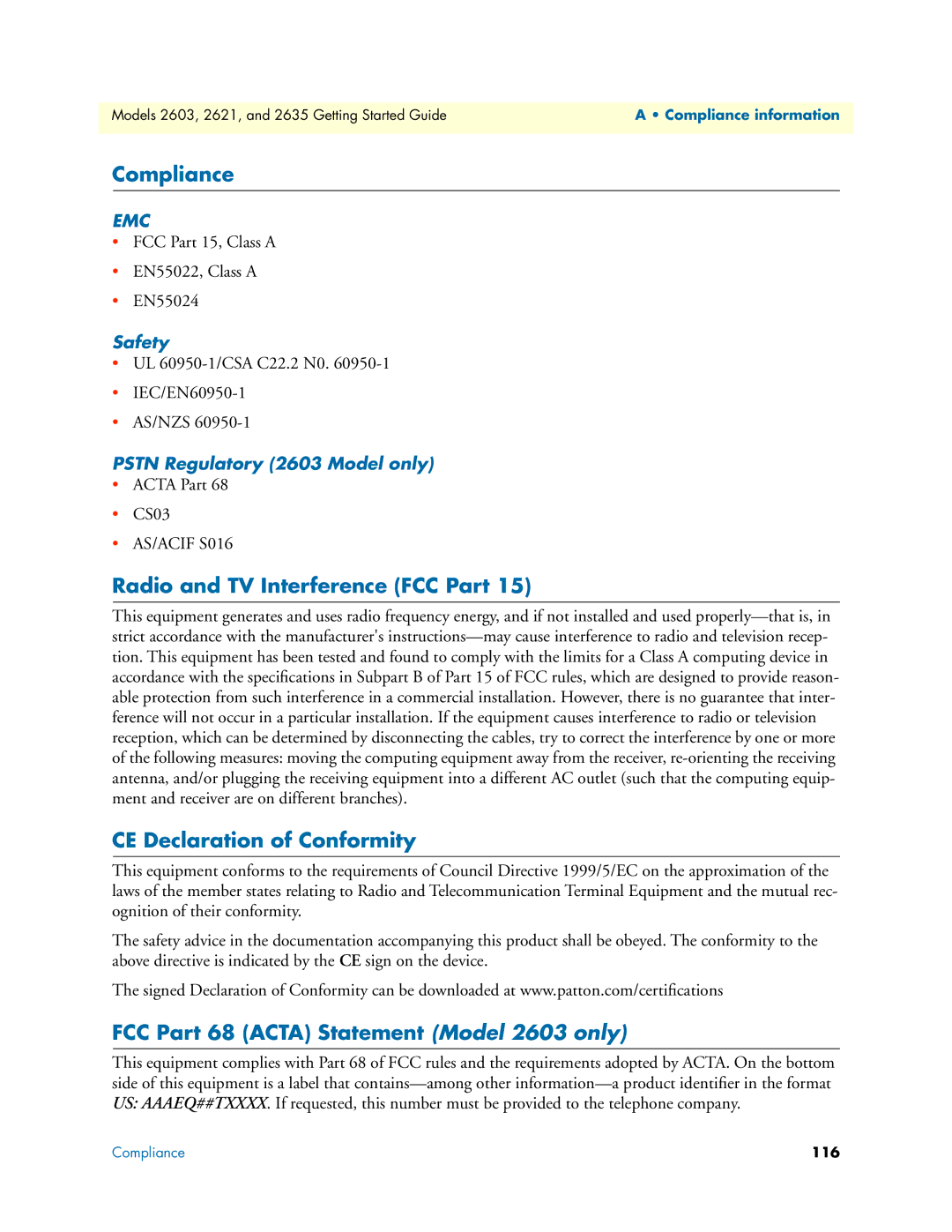 Patton electronic 2621, 2635 manual Compliance, Radio and TV Interference FCC Part, CE Declaration of Conformity 