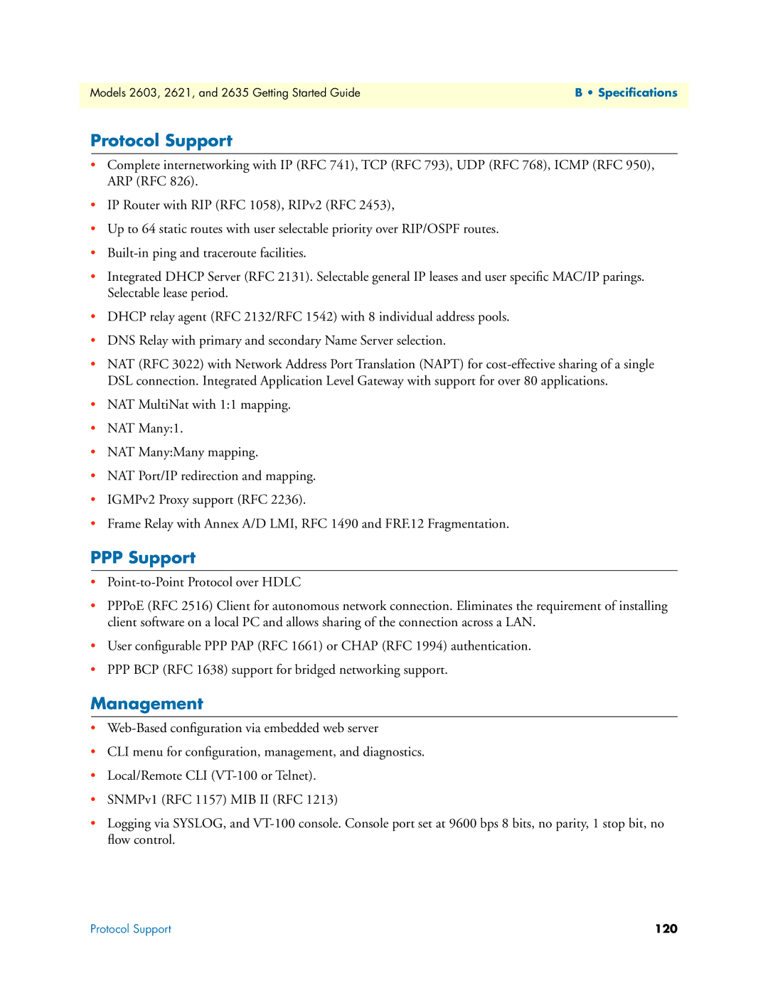 Patton electronic 2621, 2635 manual Protocol Support, PPP Support, Management 