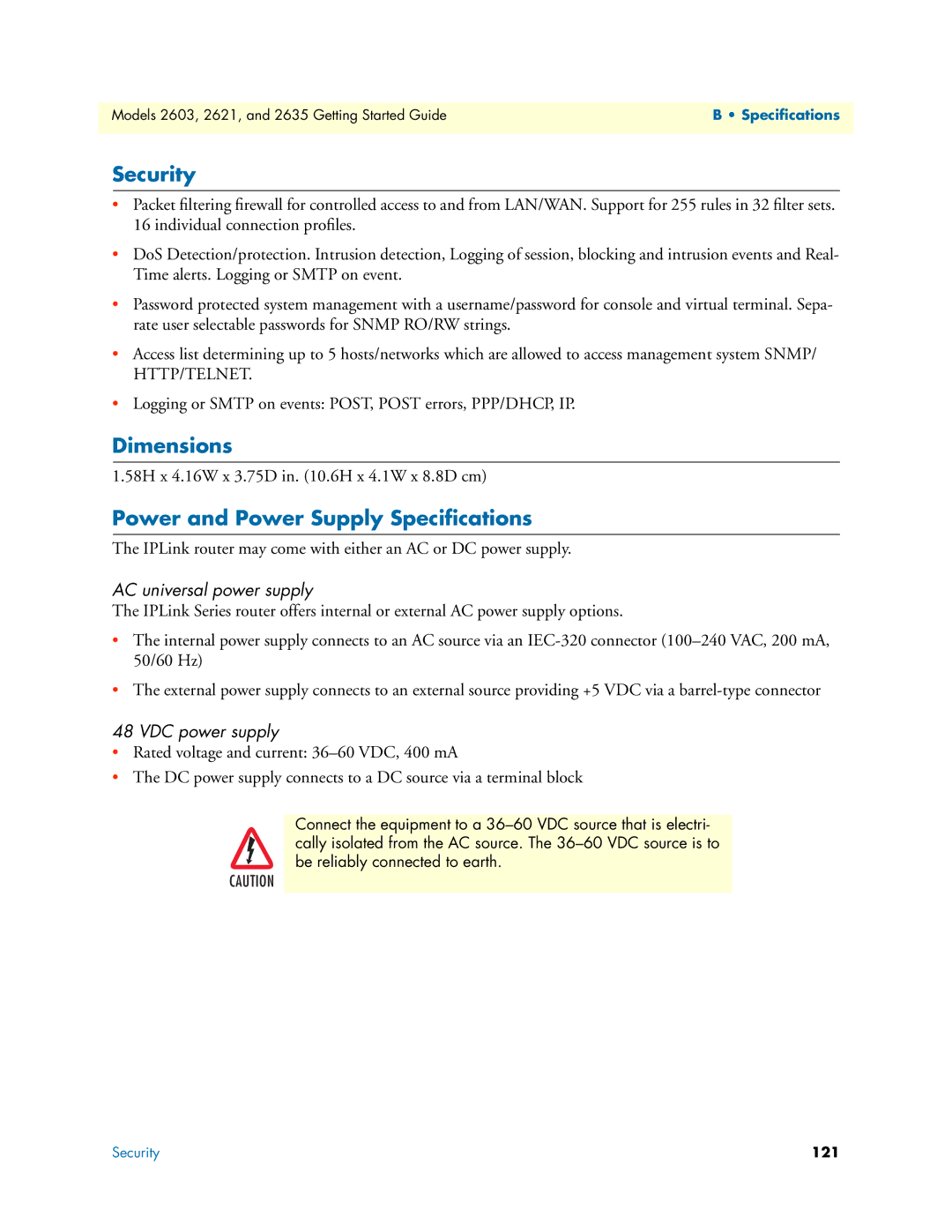 Patton electronic 2635, 2621 manual Security, Dimensions, Power and Power Supply Speciﬁcations, AC universal power supply 